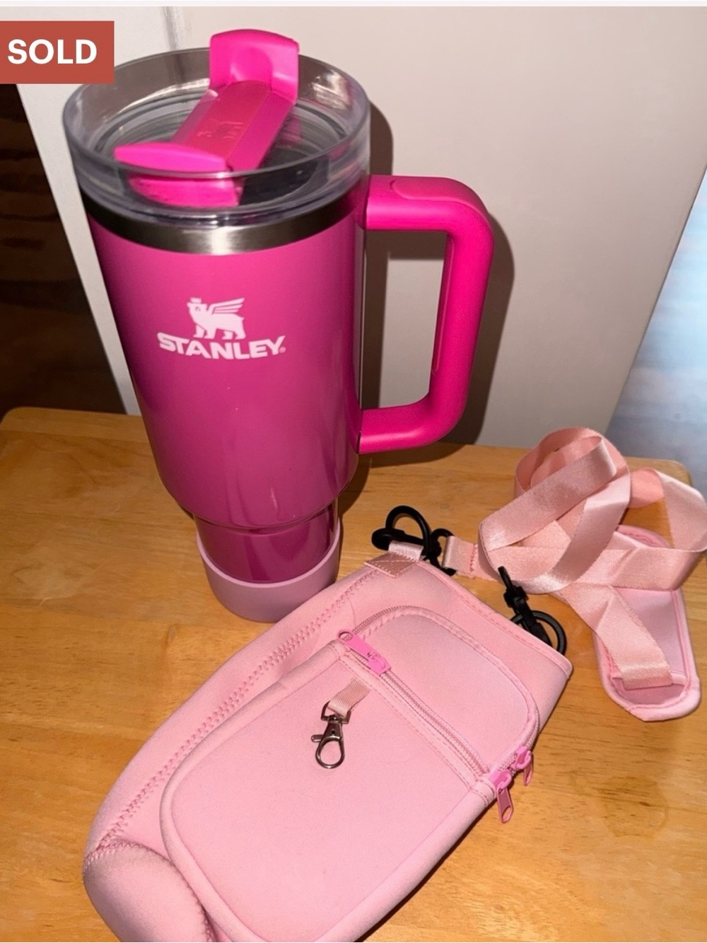Stanley Pink Stainless Steel Travel Mug with Light Pink Crossbody Pouch